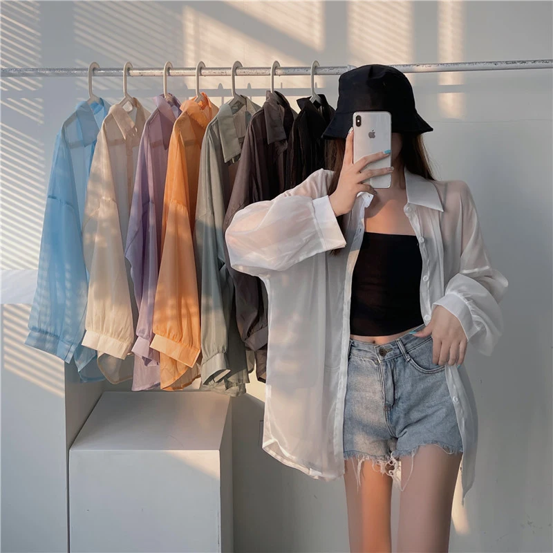 Gidyq Fashion Holiday Beach Shirt Women See Through Chiffon New Blouse Ladies Summer Sun Protection Long Sleeve Female Tops