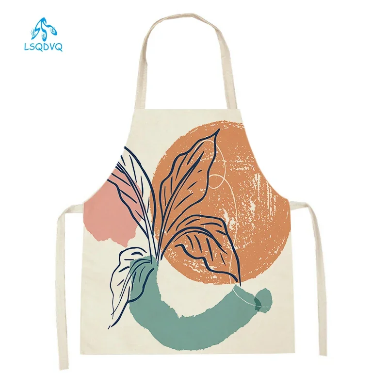 Women Men Abstract Plants Flower Pattern Kitchen Sleeveless Aprons Linen Bib Household Antifouling Cleaning Cooking Aprons