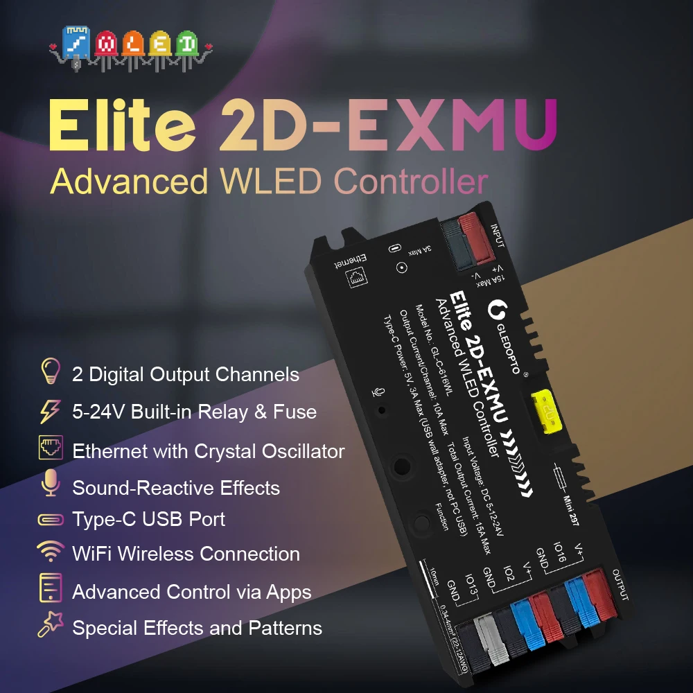Advanced WLED Controller Elite Ethernet 2D-EXMU 5V 12V 24V WiFi APP Control DIY for RGBIC LED Strip Lights GLEDOPTO GL-C-616WL
