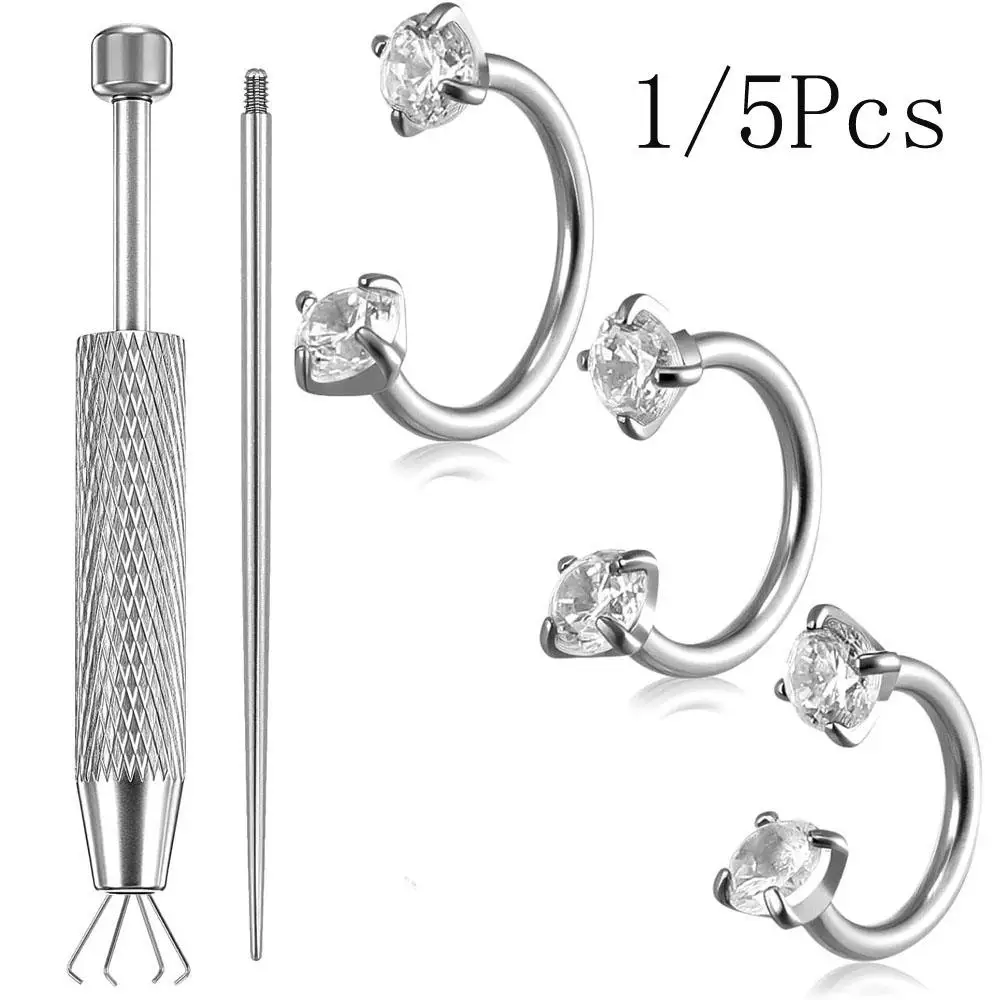 1/5Pcs Set Horseshoe Nose Ring Horse Flat Back Helix Cartilage Lip Piercing Jewelry Internal Threaded Piercing Grabber Tool
