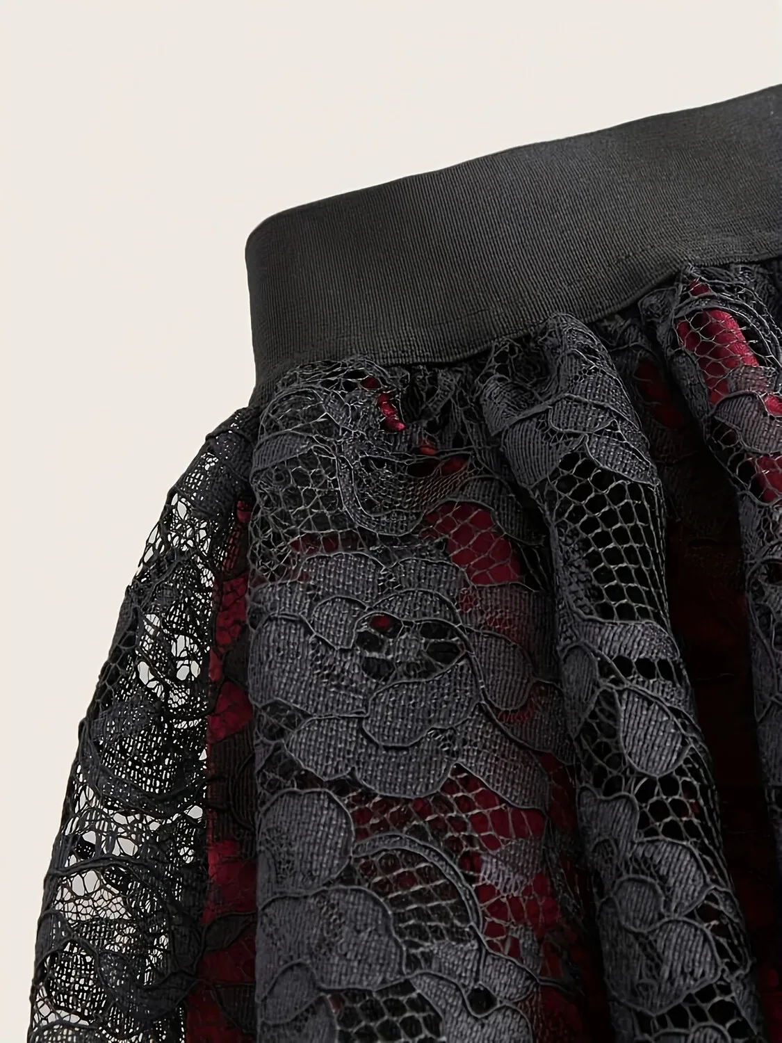 Women's Gothic High Low Tulle Skirt Black Red Floral Lace Contrast High Waist Vintage Punk Rock Style Asymmetrical Hem Skirt