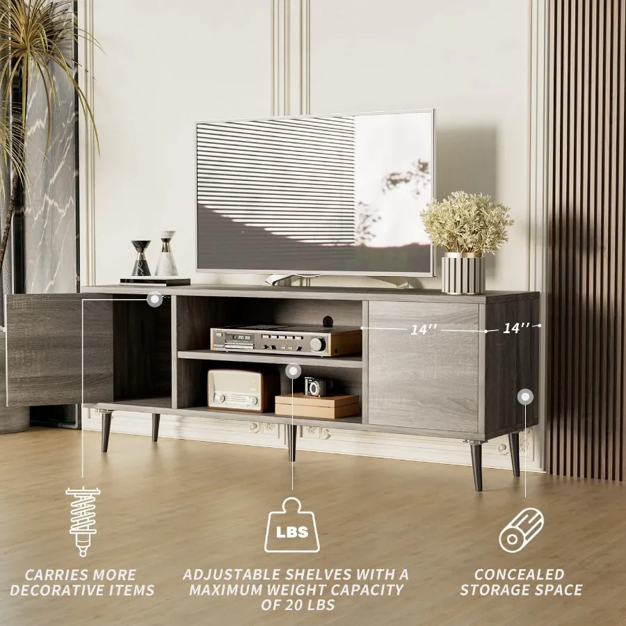 Suporte para TV de 65 Polegadas, Estilo Moderno de Meio Século, com Armário de Armazenamento e Prateleiras Abertas, Mesa de Console Cinza