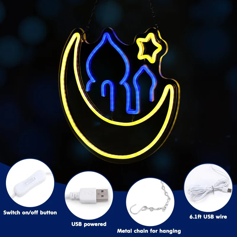 Ramadan Neon Sign Decorative Window Light Moon Star Wall Bedroom Living Room Acrylic Holiday Party Eid Gifts 5V USB