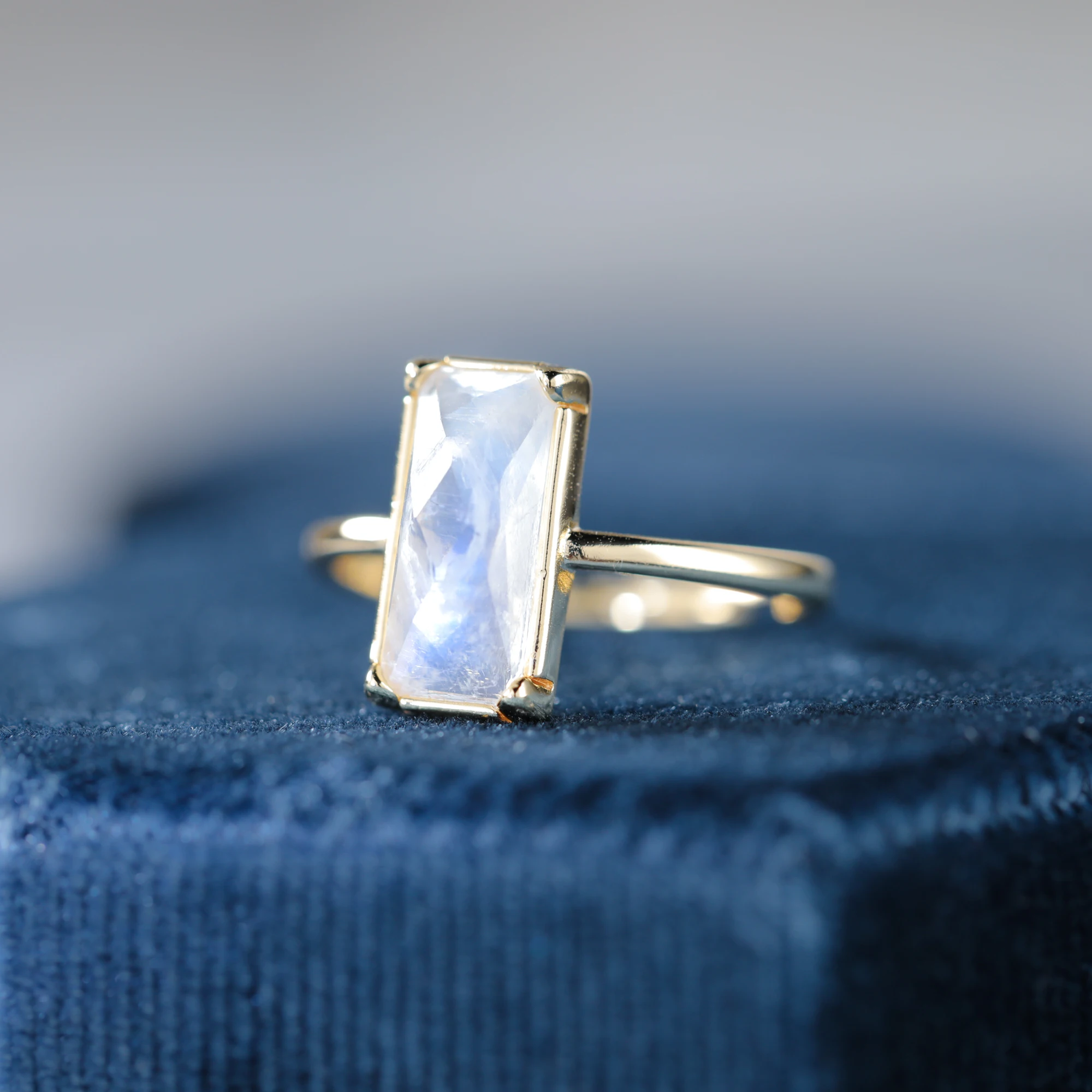 Natural Baguette Cut Moonstone Gemstone Engagement Solitaire Ring 925 Sterling Silver Band for Women Blue Stone Promise Gifts