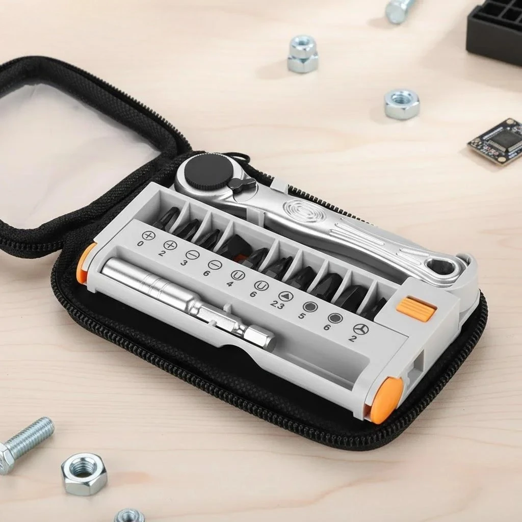 多機能自転車修理キットバッグ、ミニポータブルラチェットドライバーツール付き、マウンテンバイクやロードバイクに実用的