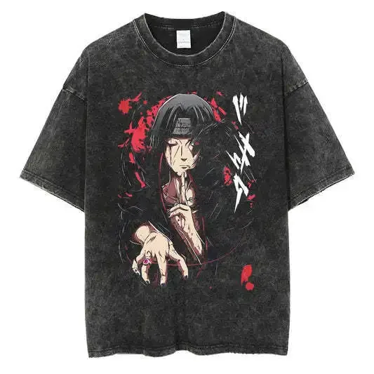 Wholesale Fire Shadow Ninja Topwashing Distressed Short Sleeves High Street Vintage Style Wax Tinted Short Sleeves Anime T-shirt