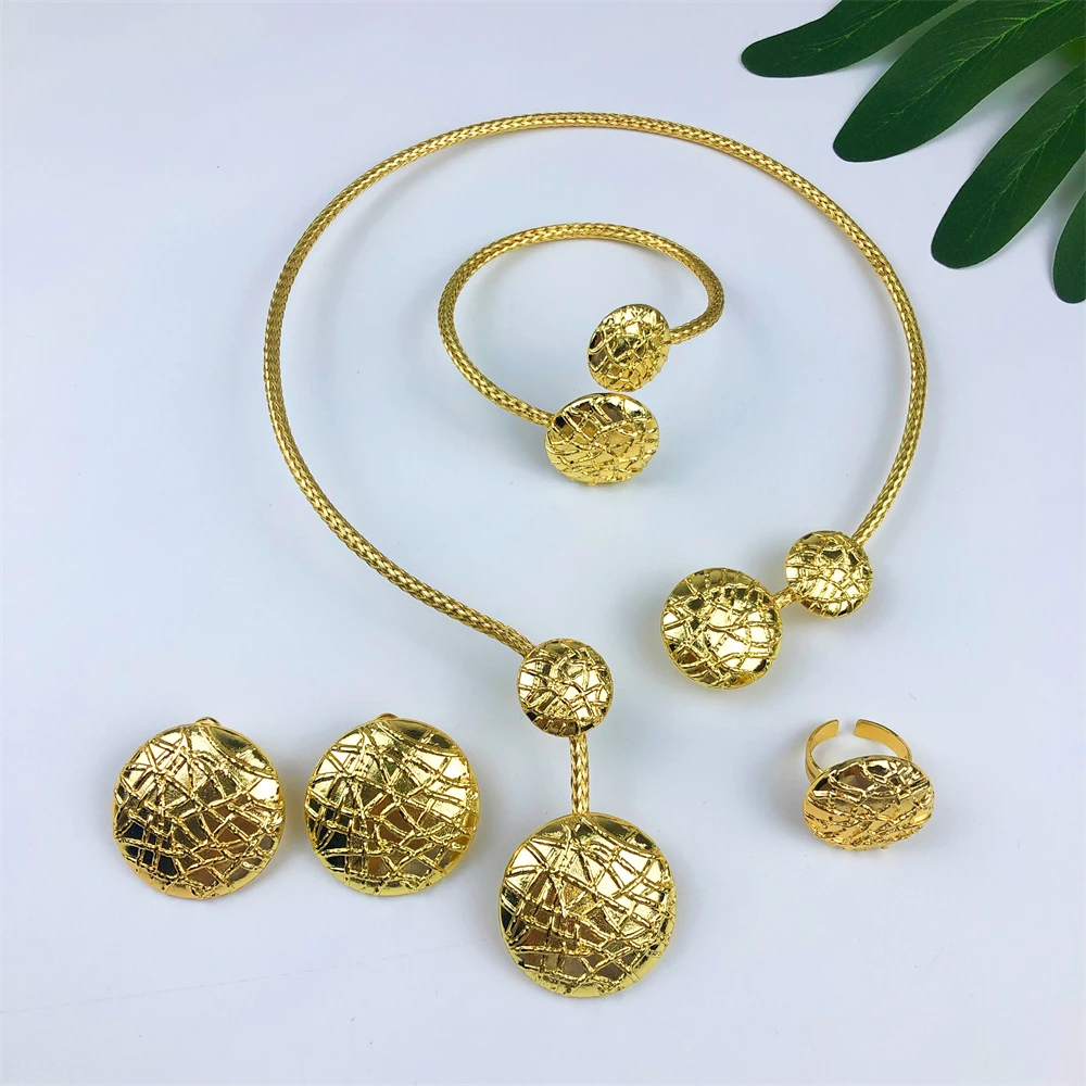

Dubai Gold Color Jewelry Set for Bridal 18K Gold Color Big Necklace and Stud Earrings African Elegant Party Bangle Ring Jewelry