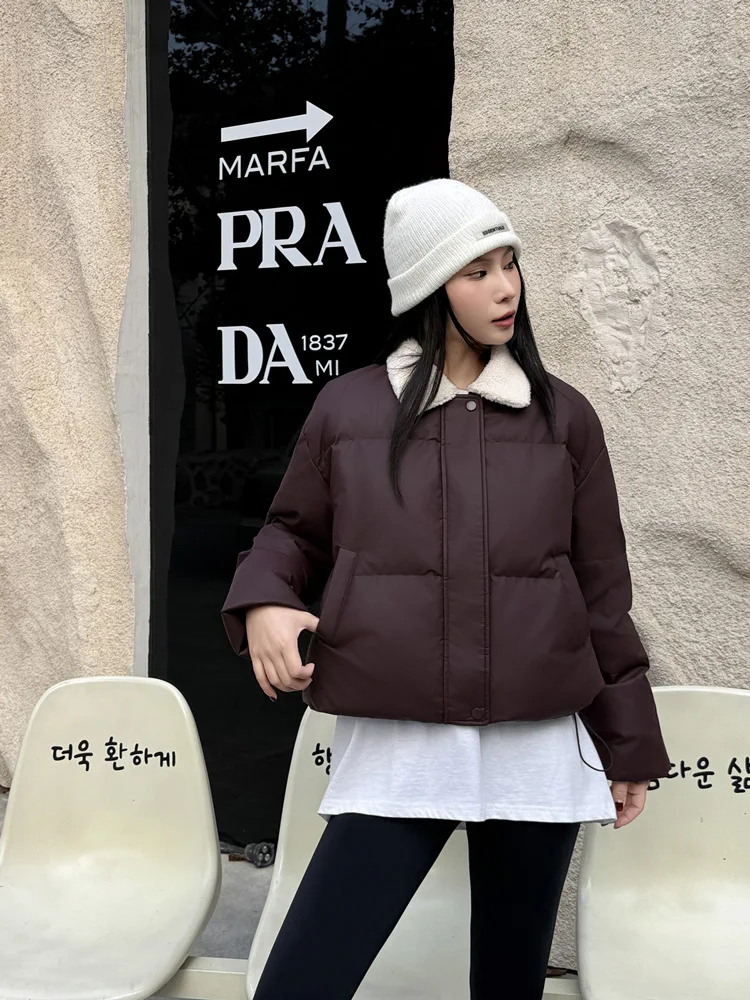 Winter Lamb Wool Splicing PU Down Jacket Women 90 White Duck Down Lapel Parkers Outwears Coat Female Warm Zipper Quilted Jackets