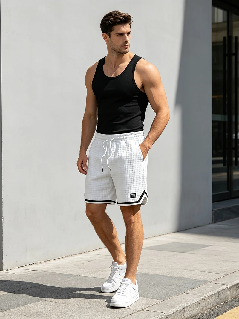 Herren Bubble-Waffel-Karo-Shorts, entspannte Passform, Kordelzug in der Taille, Kontrastbesatz, sommerliche Freizeitkleidung, sportliche Streetwear mit Taschen – Detail 13