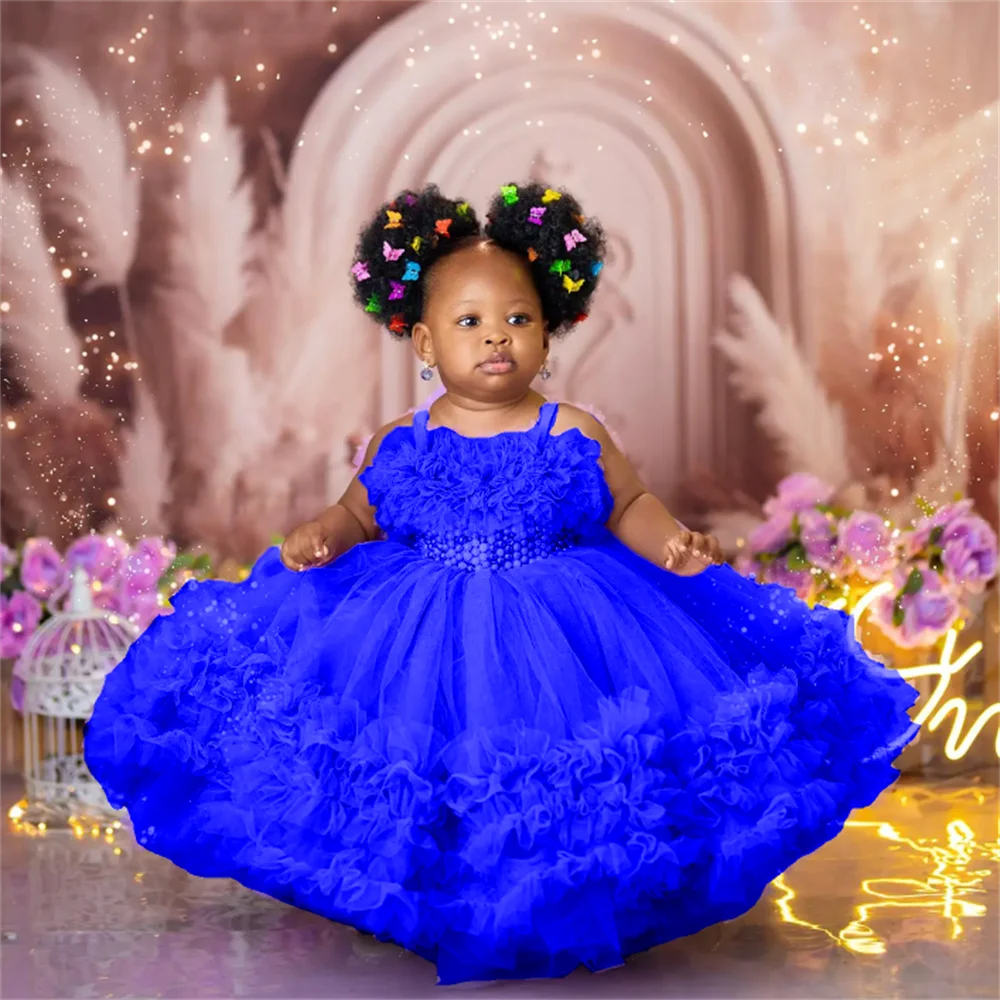 

Royal Blue Pearls Flower Girl Dresses Birthday Party Dresses Beaded Ruffles Purple Baby Kids Ball Gowns for Photo Shoot