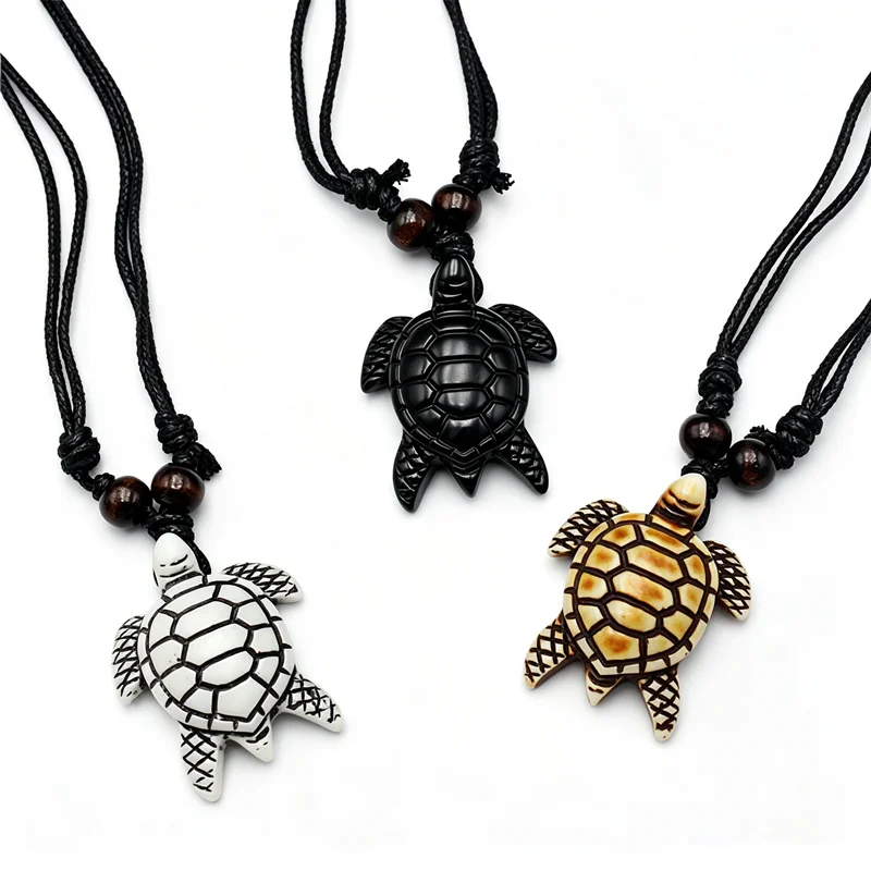 Polynesian Sea Turtle Pendant Necklace, Resin Imitation Bone, 3 Colors, Adjustable Black Cord Hawaiian Surfer Ethnic Jewelry