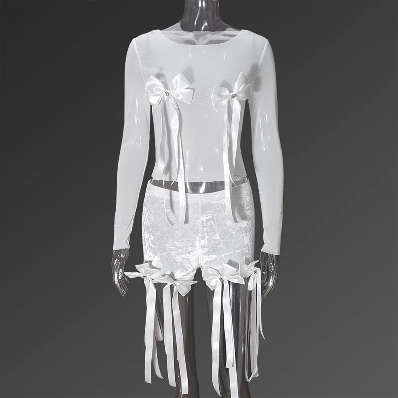 Doyerl 2 قطعة مجموعات امرأة الزي عيد ميلاد Y2K الملابس نادي شبكة انظر من خلال كم طويل بلوزات وسراويل قصيرة مطابقة مجموعات مع القوس #5