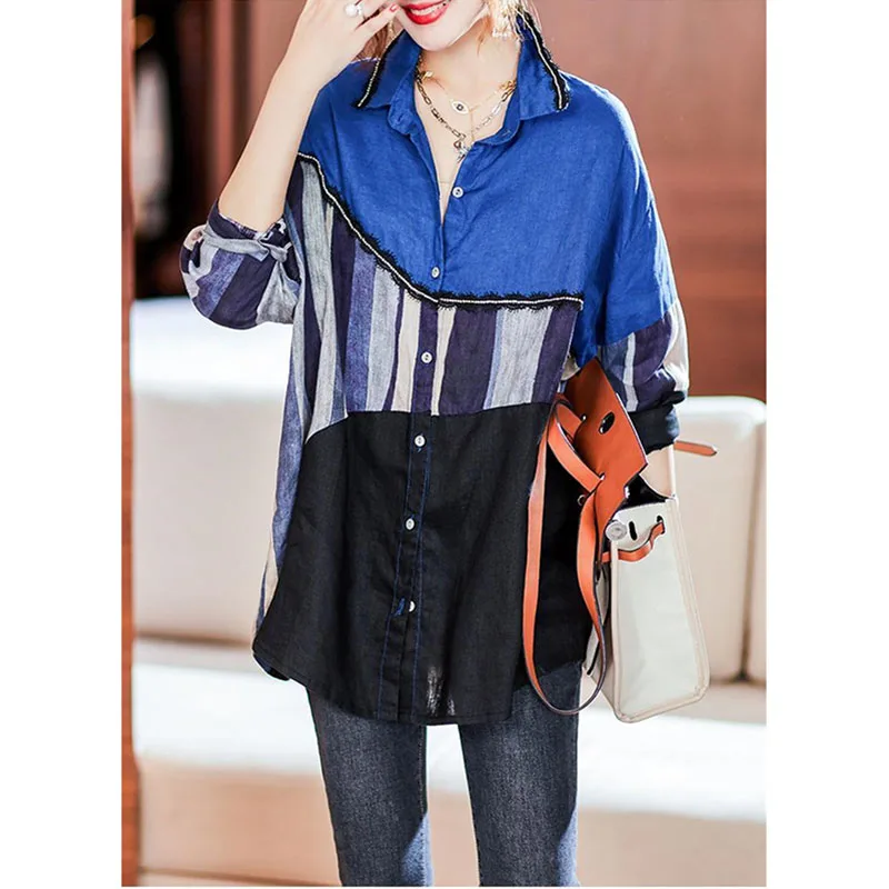 New Contrast Single-Breasted Shirt Female 2024 New Loose Fat Sister Spring Coat Female Autumn Long-Sleeved Ladies Shirts Coat