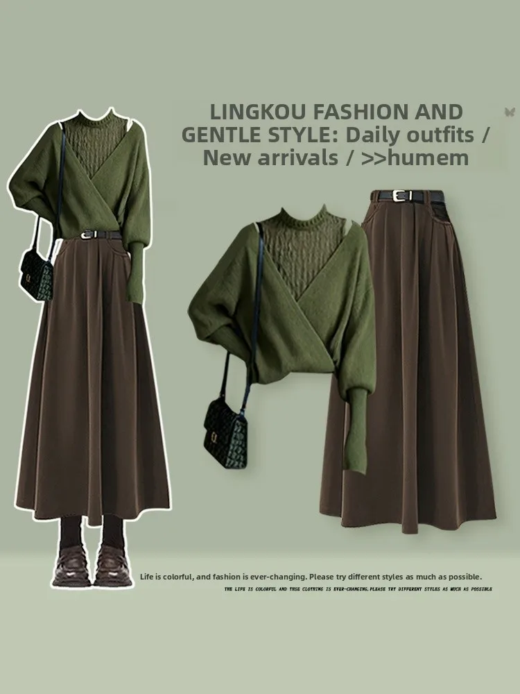 

Autumn Winter Knitted Sweater And Skirt Set Women's Anti-Aging Luxury plus Size Faionable Two-Piece Ensemble