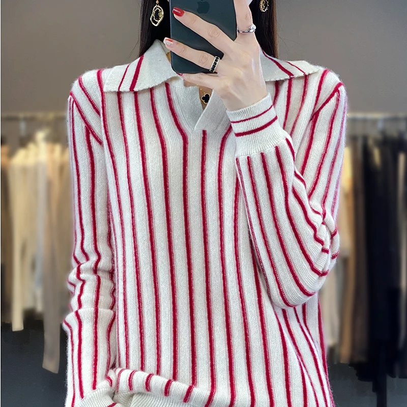 100% Merino Wool Sweater Women\'s Pullover Autumn Winter Most Trend Women\'s Clothing Fashion Classic Striped Knit POLO Neck Top