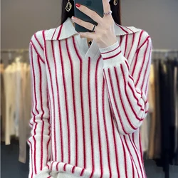 100% Merino Wool Sweater Women's Pullover Autumn Winter Most Trend Women's Clothing Fashion Classic Striped Knit POLO Neck Top