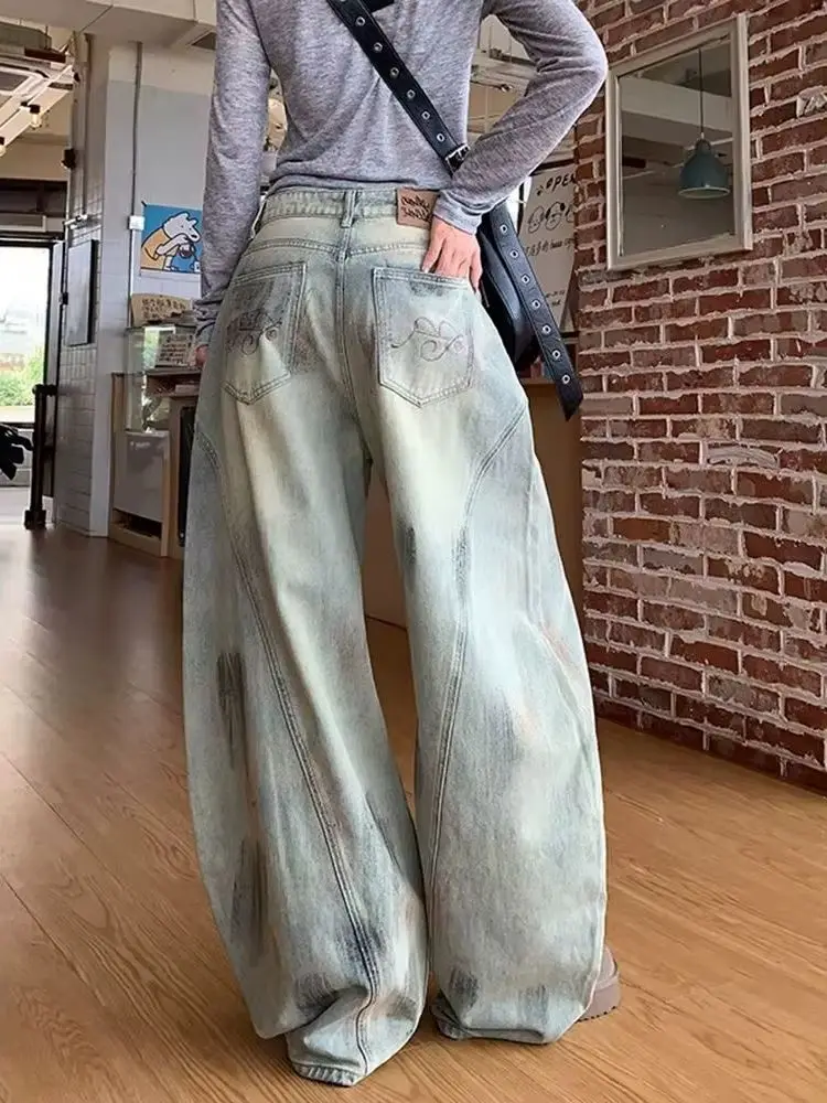 

Y2K потертые широкие джинсы женские американские ретро грязные красители деконструктивные изогнутые ножи свободные брюки в пол