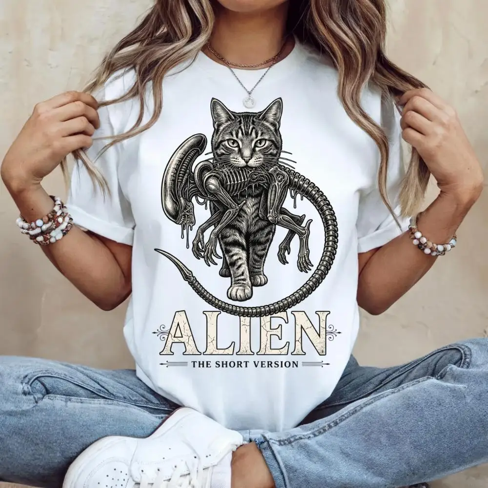 Alien-Katzen-T-Shirt, lustiges Sci-Fi-Horrorfilm-Parodie-T-Shirt für Frauen, neues Unisex-T-Shirt für den Sommer – Detail 5