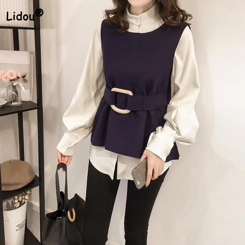 

Spring Autumn Female Korean Loose Lantern Sleeve Shirt Fashion Belted Spliced Sleeveless Vest Two Piece Sets Women's Clothing