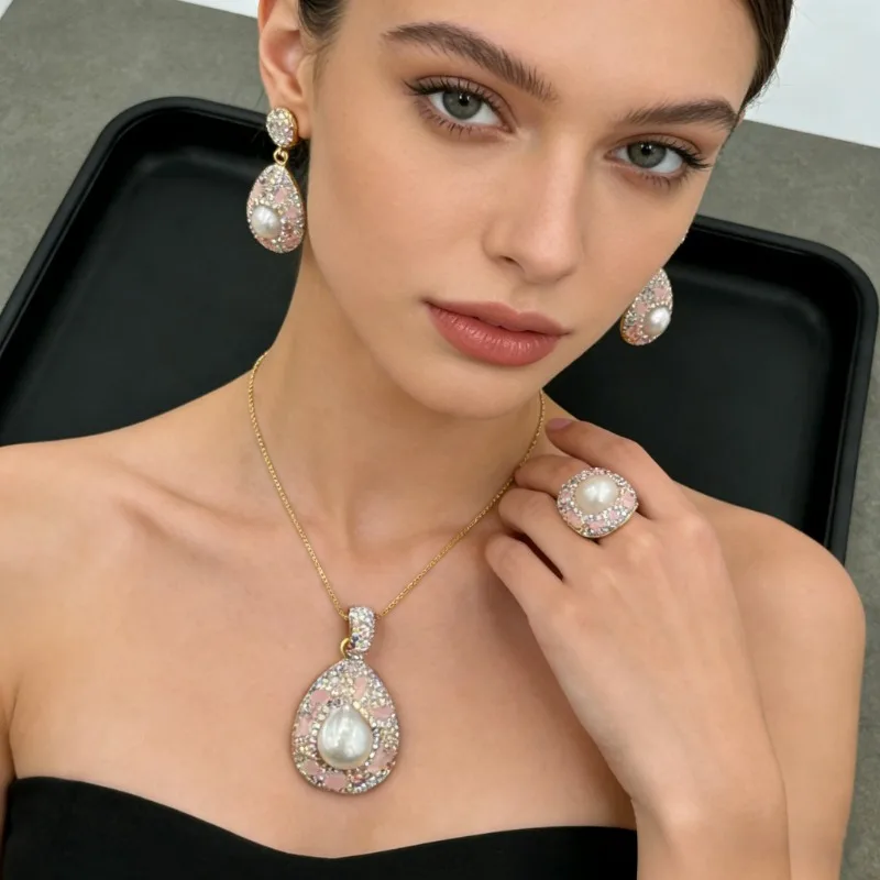 Baroque Pearl and Pink Crystal Jewelry Set Necklace Earrings Bracelet Ring Fashion Women Party Wedding Accessories