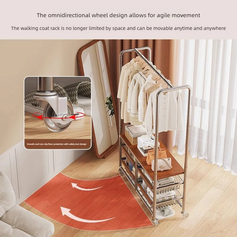 Middle ancient style movable coat rack, bedroom coat rack, living room hanger, balcony drying rack, household storage rack