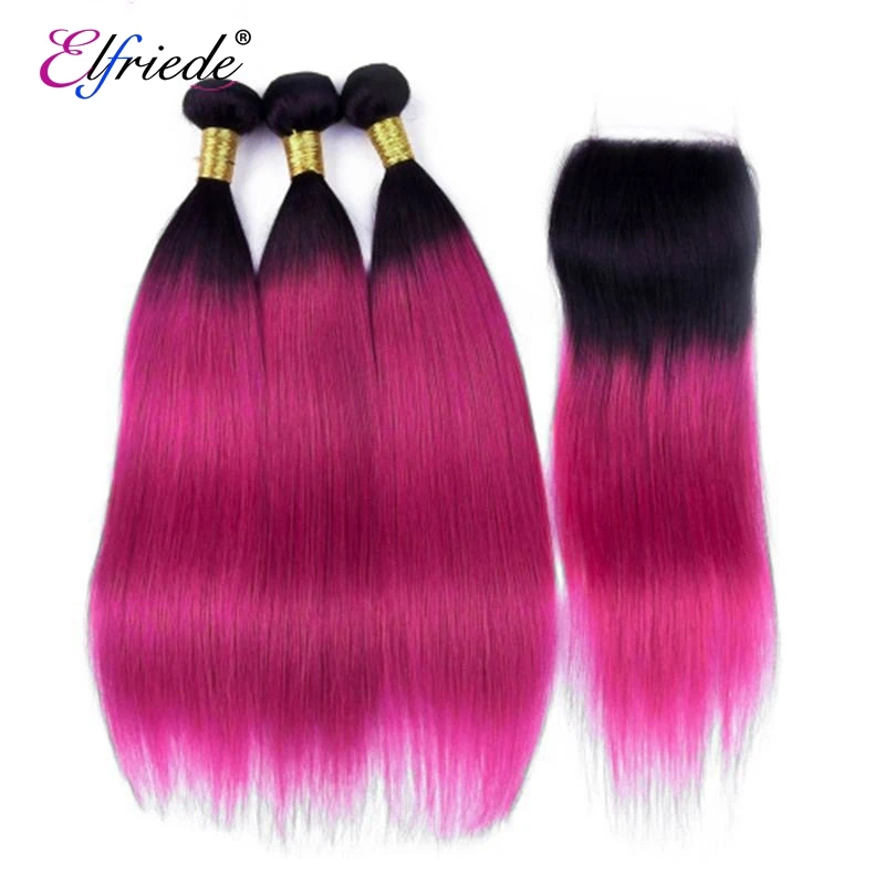 

Elfriede Ombre 1B/Rose Purple Straight Hair Bundles with Closure Brazilian Remy Human Hair Wefts 3 Bundles with Lace Closure 4x4