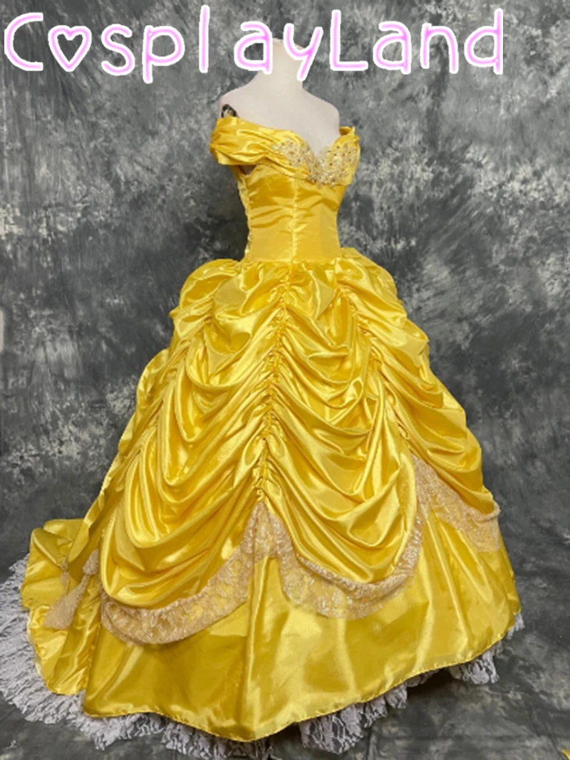 Luxury Princess Dress Cosplay Costume Halloween Carnival Party Fishtail Ball Gown Dress With Petticoat Lace Up Yellow Dress