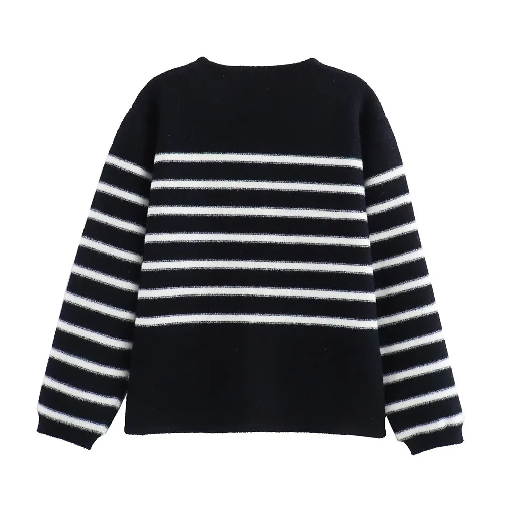 2024 autumn women\'s new casual slim fit classic black and white horizontal striped knitted cardigan jacket