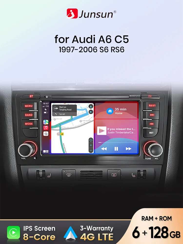 Junsun 7/9-calowy IPS Android 15 Radio Samochodowe do Audi A6 C5 1997-2004 S6 RS6 Bezprzewodowy CarPlay Android Auto 8-rdzeniowy GPS Bluetooth DSP RDS SWC 2 Din Autoradio — 2