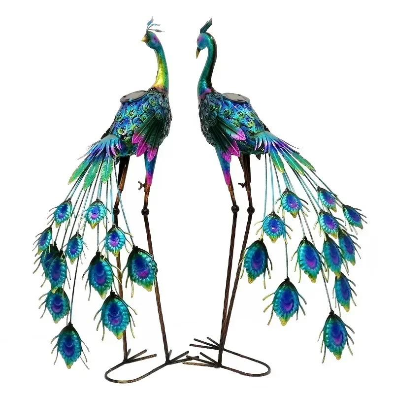 Decoración de ventanas para sala de exposiciones en jardín de villa, accesorios brillantes, luces solares que cambian de color, pares de adornos de pavo real grandes