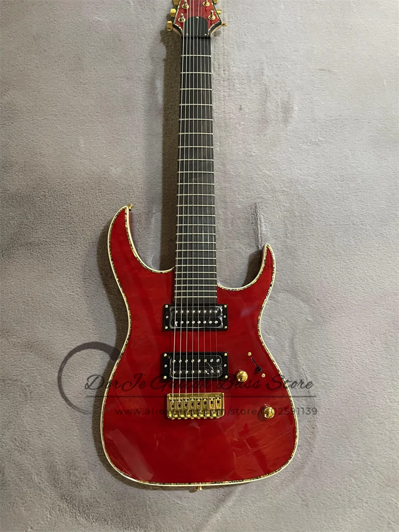 

8 Strings Red Electric Guitar Quilted Maple Top Golden Bridge HH Pickups Strings Though Body Rosewood Fingerboard 22 Frets