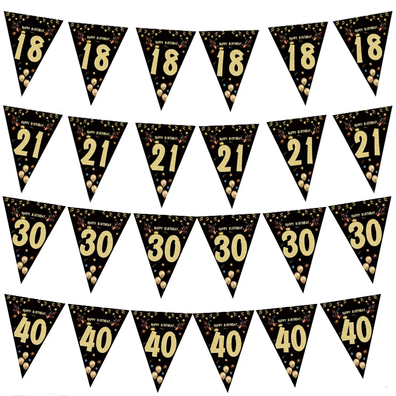 18 21 30 40 Paper Banner Birthday Party Decorations Adult Gold Black Garland Anniversary Adult Birthday Anniversaire 30age Flags