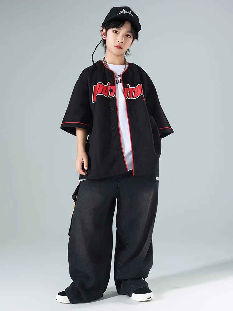 Boys Loose Street Dance Clothing Hip Hop Black Shirt Coat Pants Kids Drum Jazz Dance Costume Summer Jogger Sport Suit BL13442