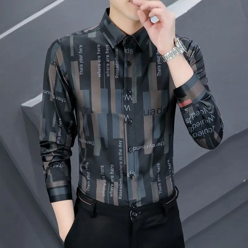 Smart Casual Sping Autumn Shirts Men Lapel Letter Printing Single Breasted Trend Fashion All-match Elastic Slim Long Sleeve Tops