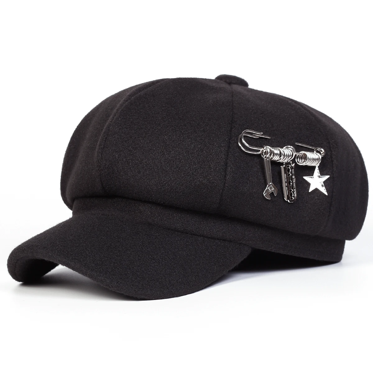 Unisex Wrench Blade Star Pin Newsboy Hat Spring and Autumn Retro Beret Hats Wild Casual Hats Octagonal Cap