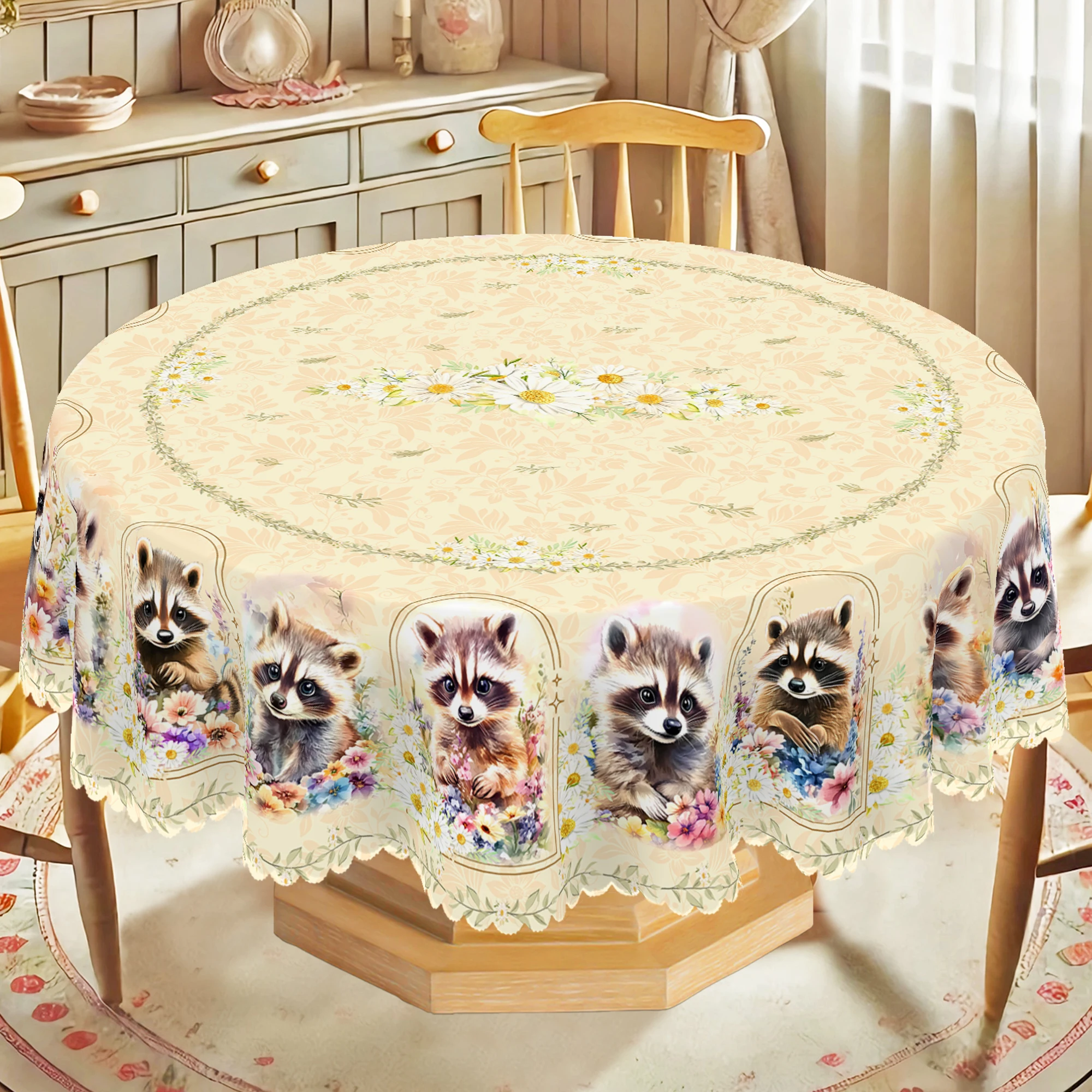 1 Piece of Animal-Themed Printed Tablecloth, Beige Tablecloth with Cute Raccoon and Daisy Patterns, Animal and Floral Pattern Round, Rectangular Tablecloth, Multiple Sizes to Choose From, Suitable for Daily Home Kitchen, Dining Room, Terrace, Indoor and Outdoor Table Decoration, Courtyard Table Decoration, Birthday Party, Autumn Thanksgiving, Winter Party, Christmas Party Decoration Tablecloth, Durable Polyester Material, Machine Embossed Edges