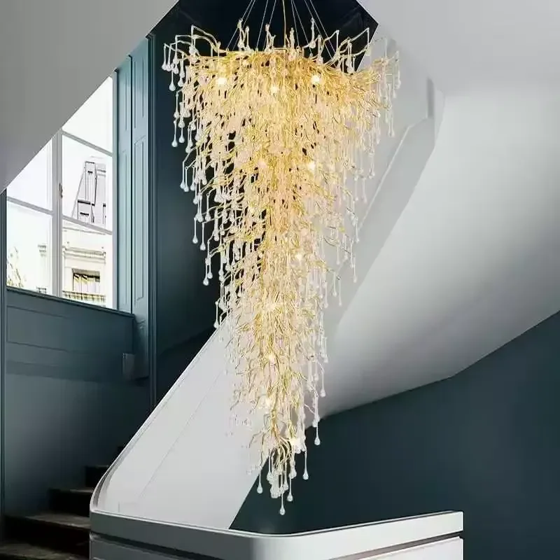 French Light Luxury Aluminum Crystal Chandelier Water Drop Branch Design for Living Room Dining Room Villa