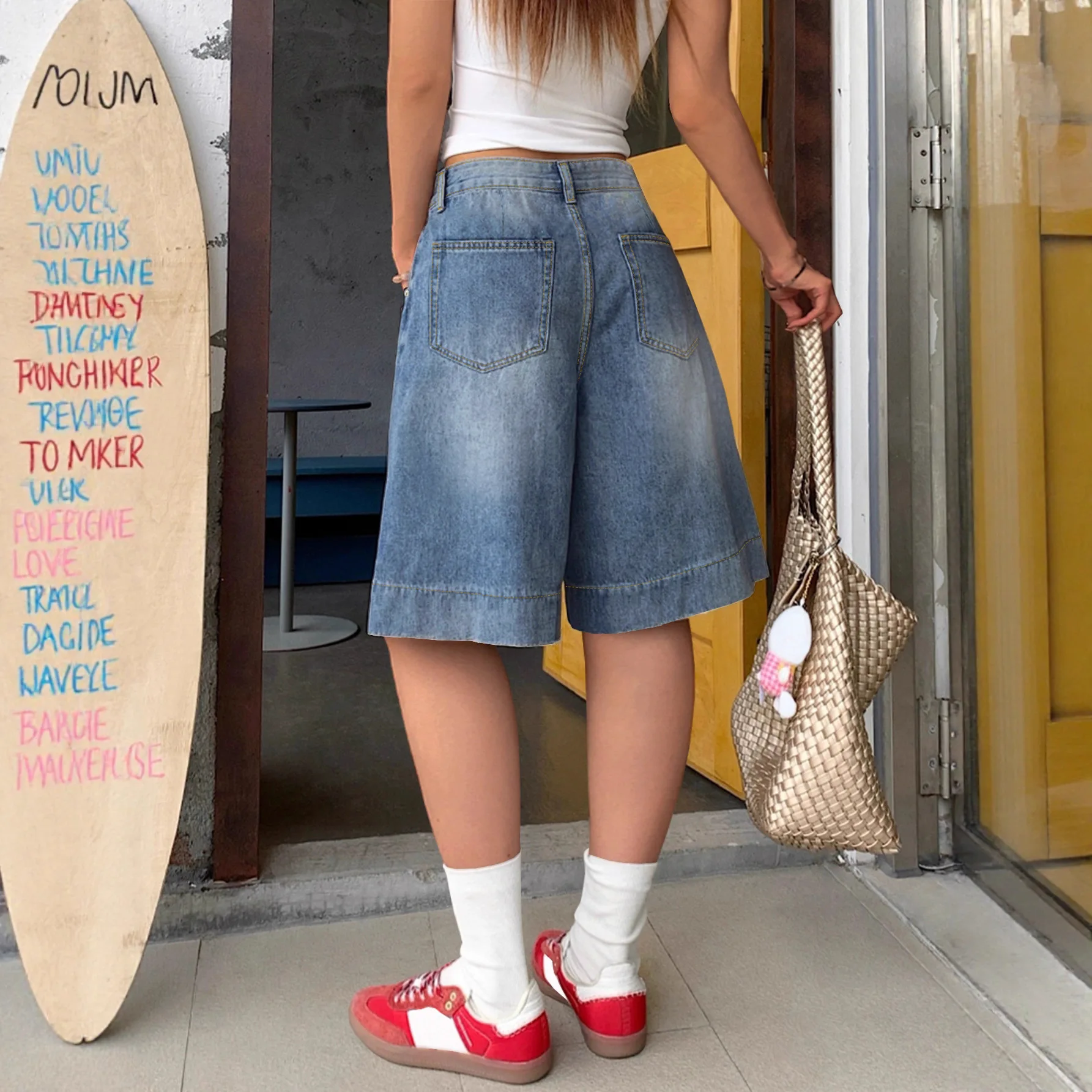 Jeans denim Donna Solid Jean Zipper Fly Pocket Lunghezza al ginocchio Pantaloni a gamba larga a vita media Casual Loose Fit Sottile Streetwear 2025 Estate