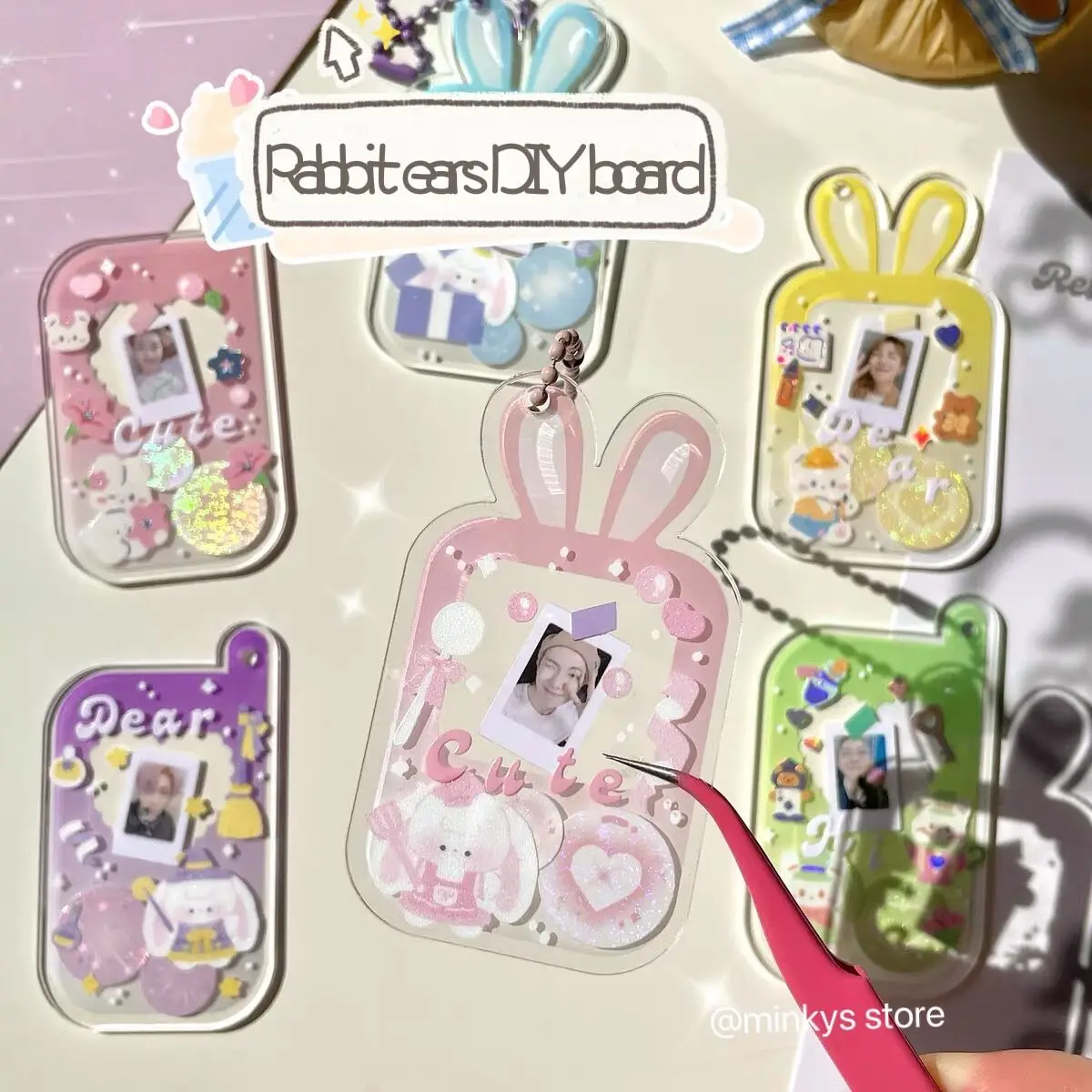 MINKYS New Kawaii 12PCS Cute Rabbit Ear DIY Own Key Chain Gucca Transparent Acrylic Disc Star Chasing Pendant School Stationery