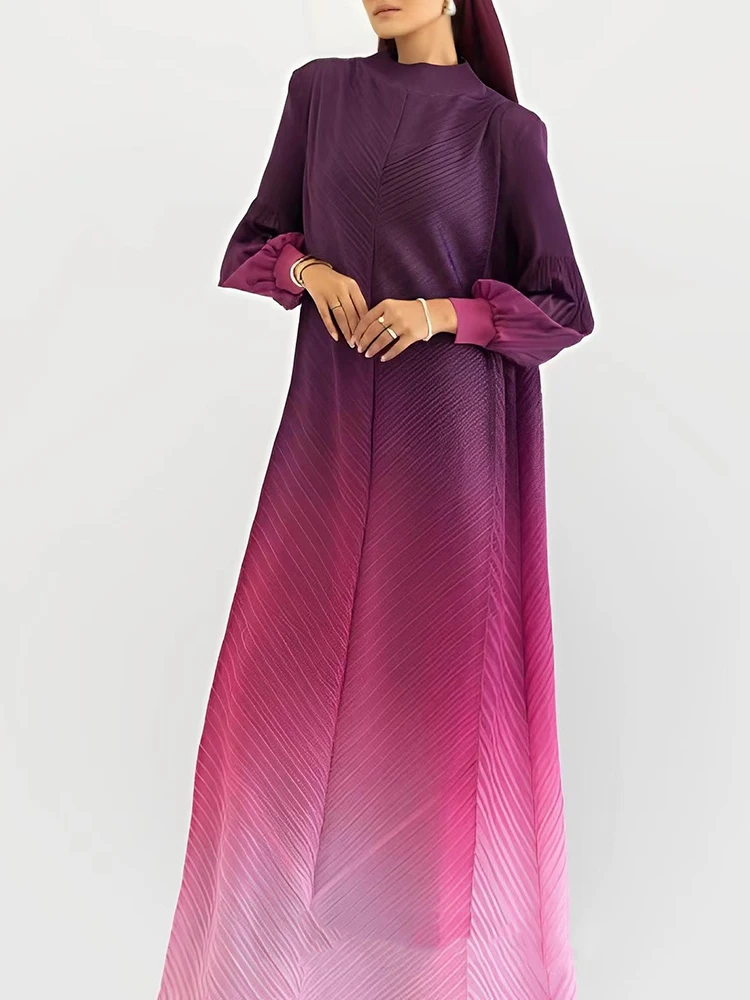 LANMREM Fashion Party Gradient Pleated Long Dress Women Lantern Sleeves Loose Fit Dresses Elegant 2024 New Clothing 32C1262