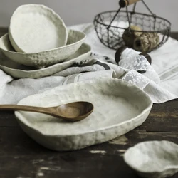 White Stoneware Tableware Japanese Modern Ceramic Special-shaped Bowls and Plates Handmade Steak Pasta Plate Home Decoration