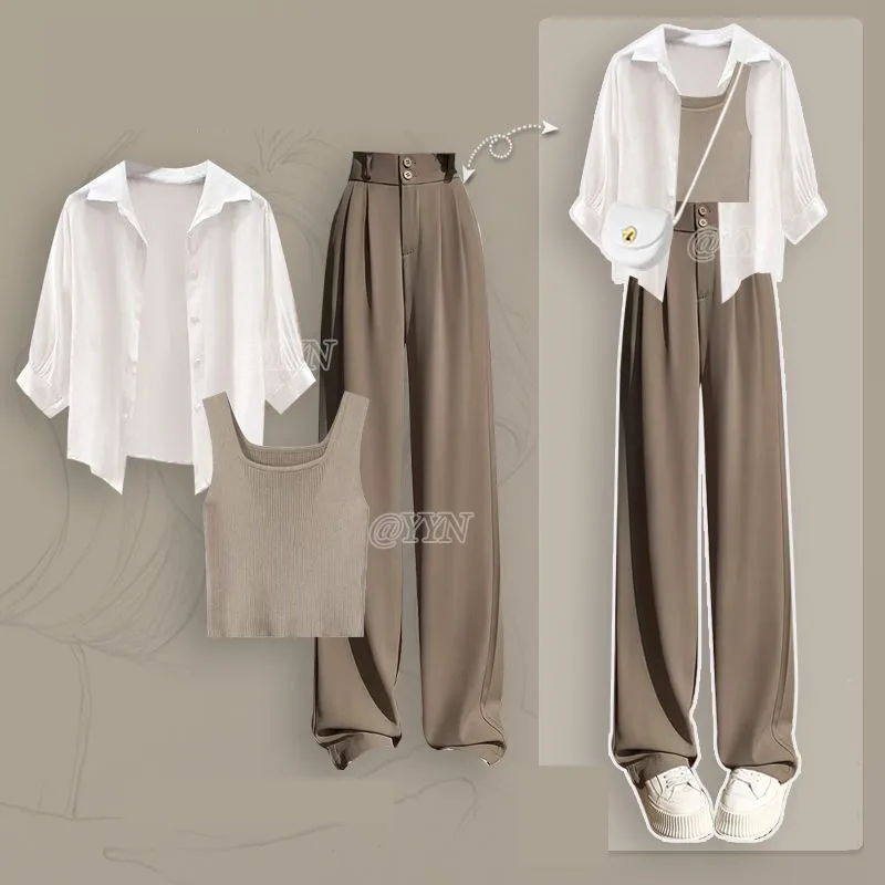

2025 Women's Summer New Chic Tracksuit Matching Set Korean Elegant Casual Sunscreen Shirt+Vest+3 Piece Suit Pants 3-Piece Suits