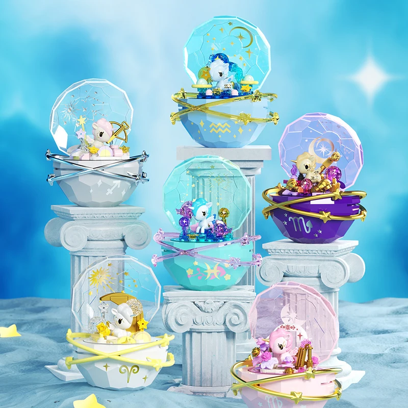 JAKI Tokidoki Blocs de construction du zodiaque Boîte mystère Constellation Licorne Ornement de bureau Jouet à assembler Cadeau d'anniversaire pour femmes