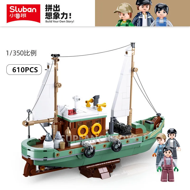 610PCS City Fishing Boat Vessel Trawlboat Model Building Blocks Pirate Ship Sea Fisher Figures MOC Friends Toys Christmas Gifts