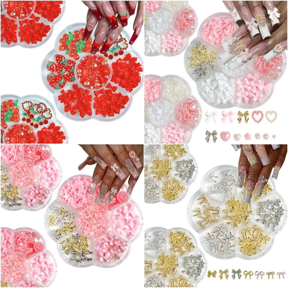 

1Box 3D Sparkling Alloy Butterfly Bow Nail Art Decoration Parts Sweet Resin Bow Mini Flower Pearl Nail Charms for DIY Crafts