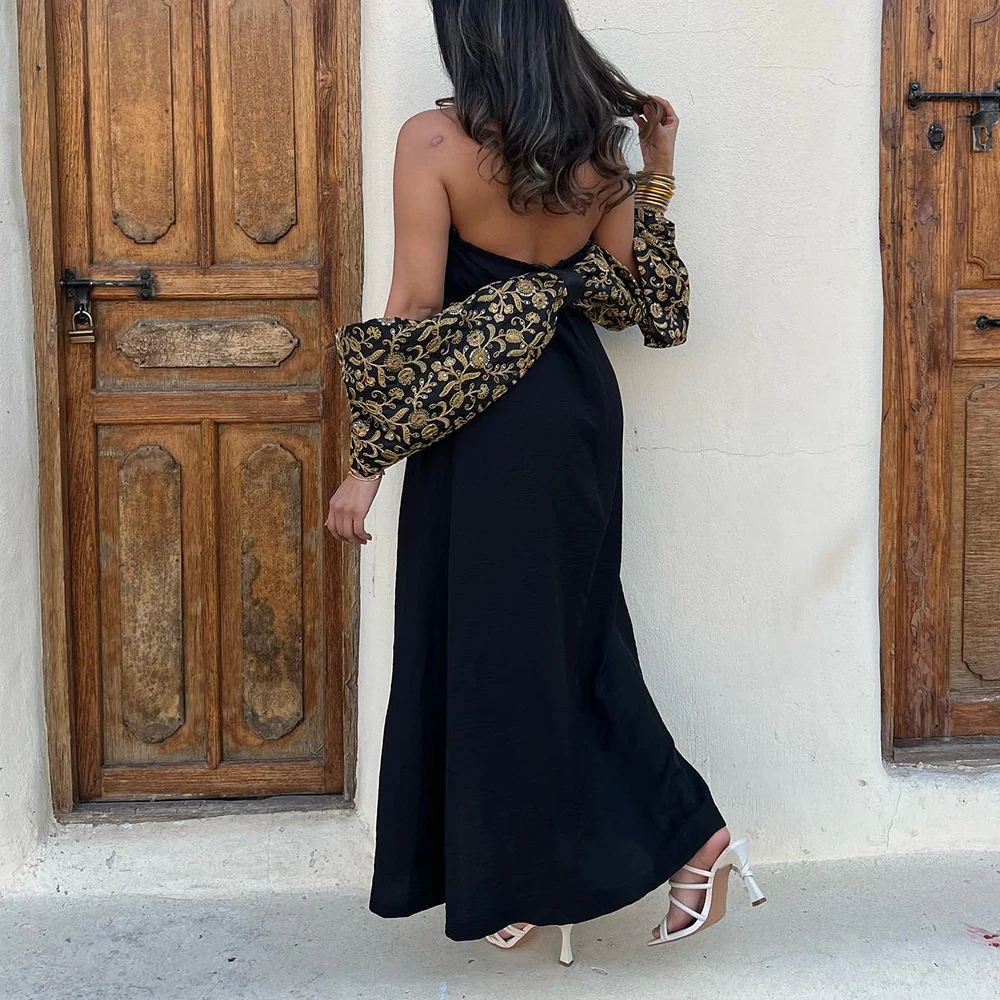 Customized Elegant Contrast Color Embroidery Halter A-Line Prom Gowns Jersey Cap Sleeve Custom Made Draped Girdling Strapless فس