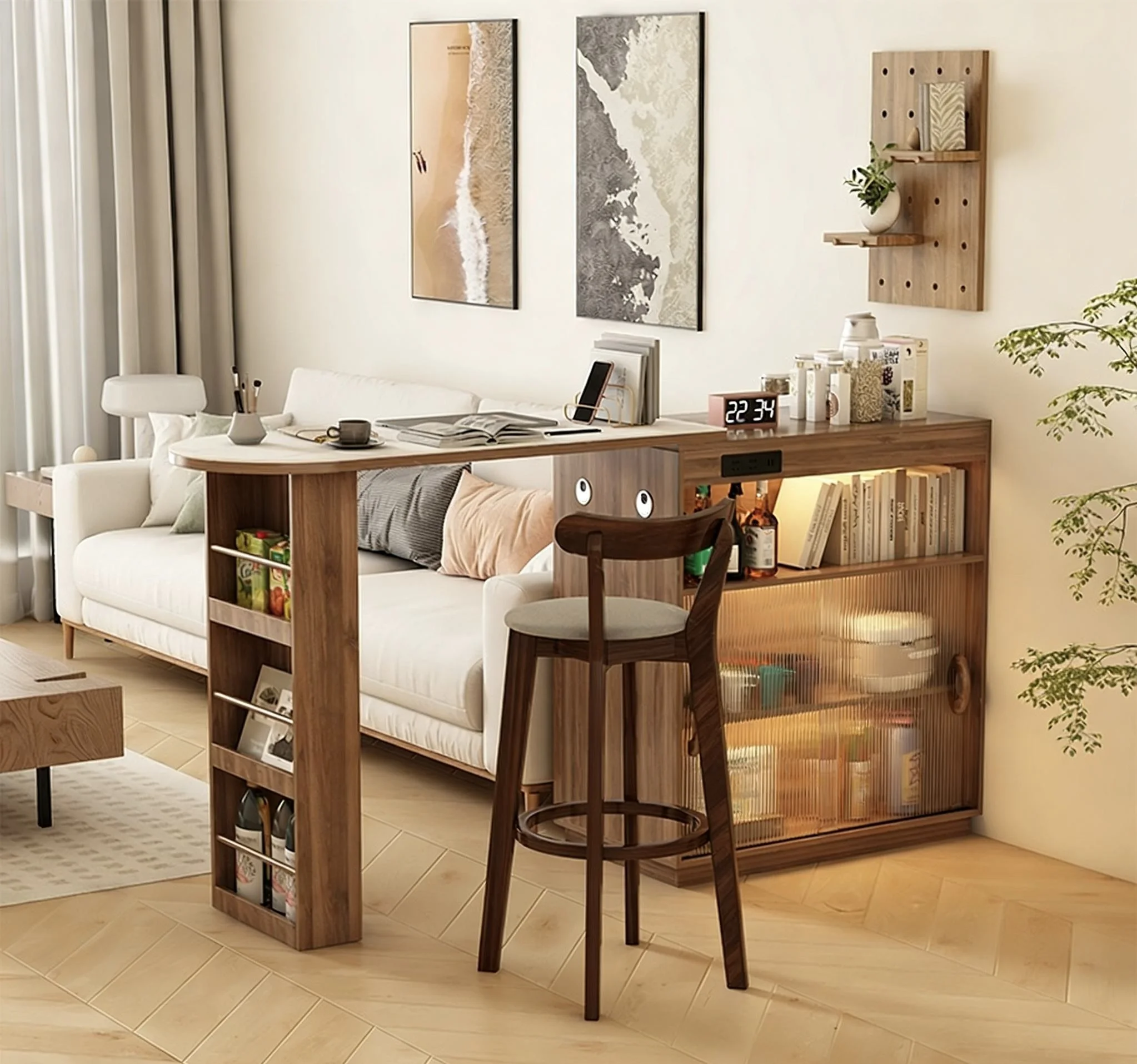 Multifunctional Solid Wood Adjustable Eco-Friendly Bar Table with Storage Cabinet Charging Port Sideboard Home Bar Desk