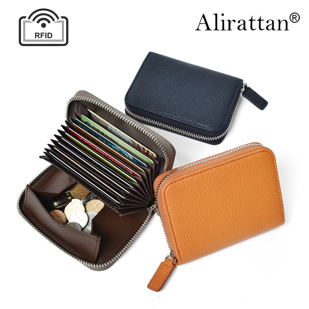 

Alirattan 2024 New Genuine Leather Wallet Card Bag with Large Capacity RFID Zipper Zero Wallet and Organ Card Bag