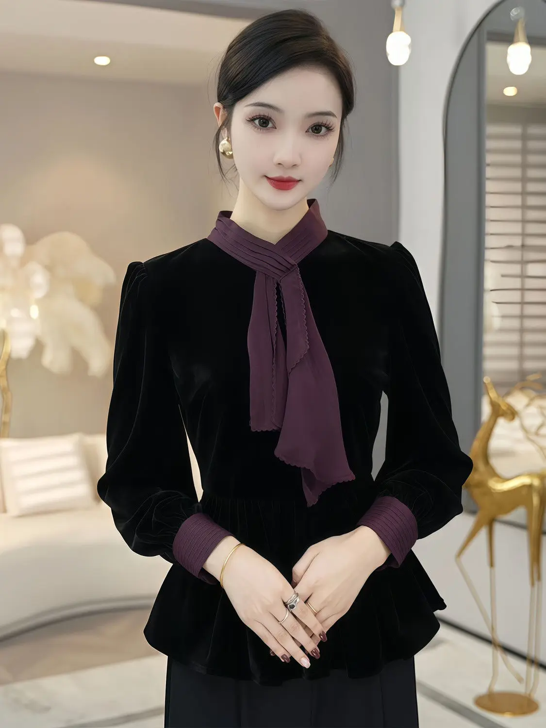 

Autumn Winter Spring Innerwear Stylish Versatile Women's Design Elegant Long Sleeve Shirt Long Sleeve Top Chic Black Shirt JJ108