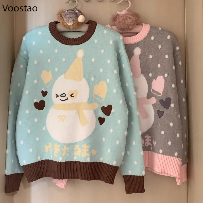 

Japanese Kawaii Lolita Style Sweater Women Harajuku Polka Dot Cartoon Jacquard Knitted Pullover Y2k Aesthetic Sweet Loose Jumper
